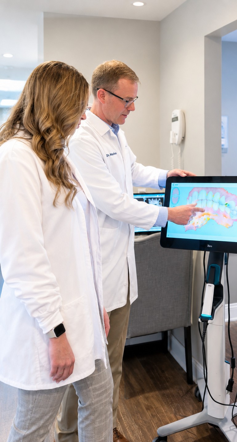 Dr. Brian Marino reviewing a digital 3D scan with a team member at Montville Center for Dentistry