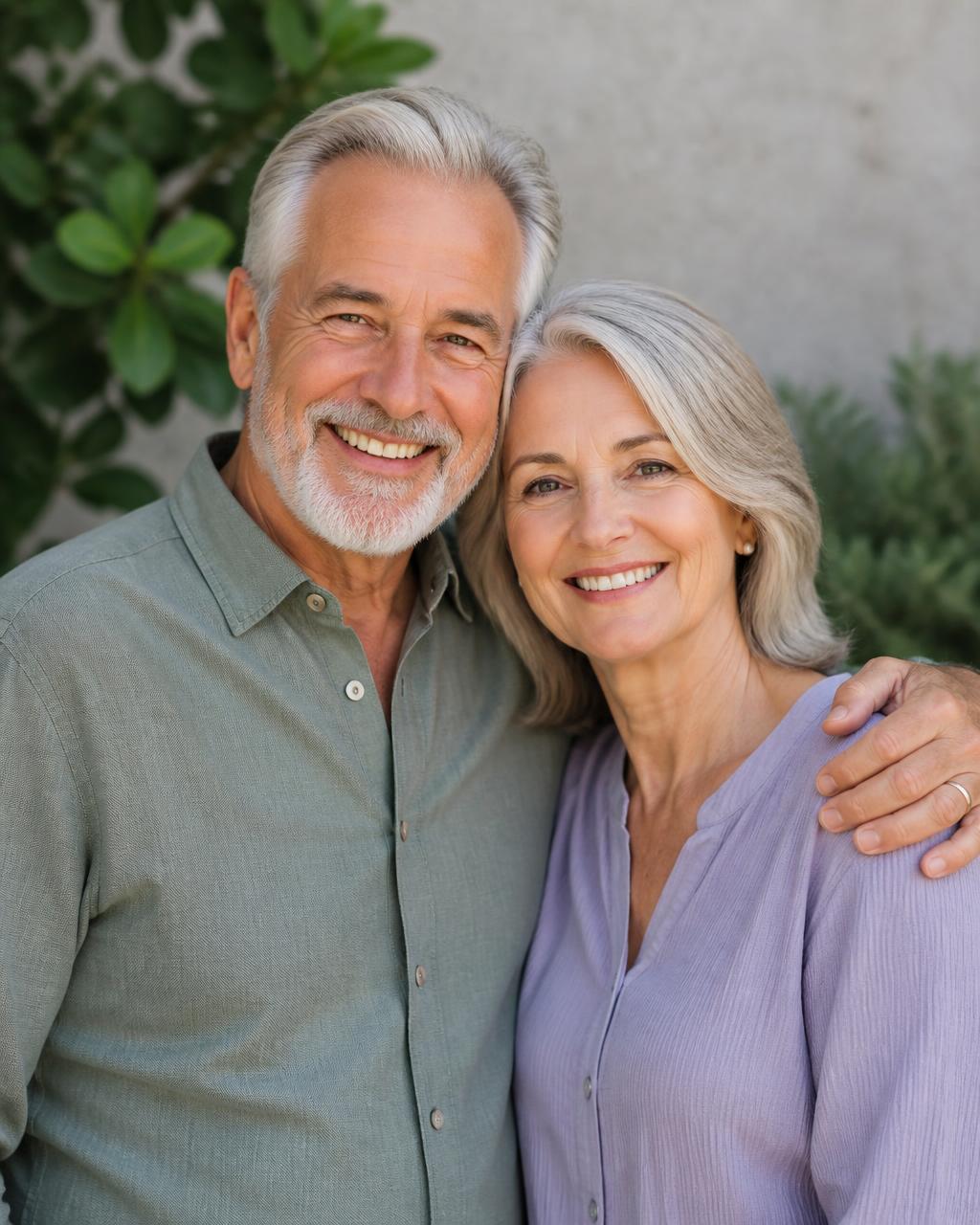 An older couple smiling confidently after full arch All-on-X treatment