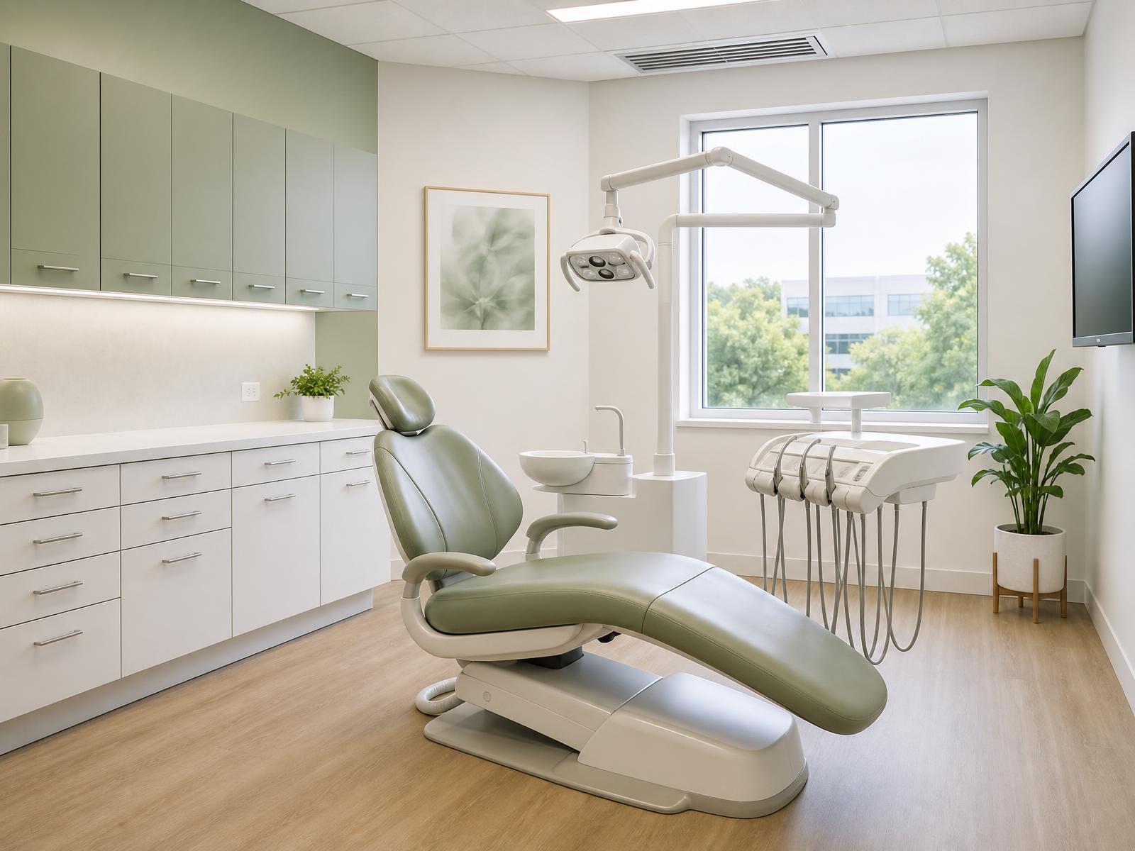 Bright treatment room with a modern dental chair and natural light