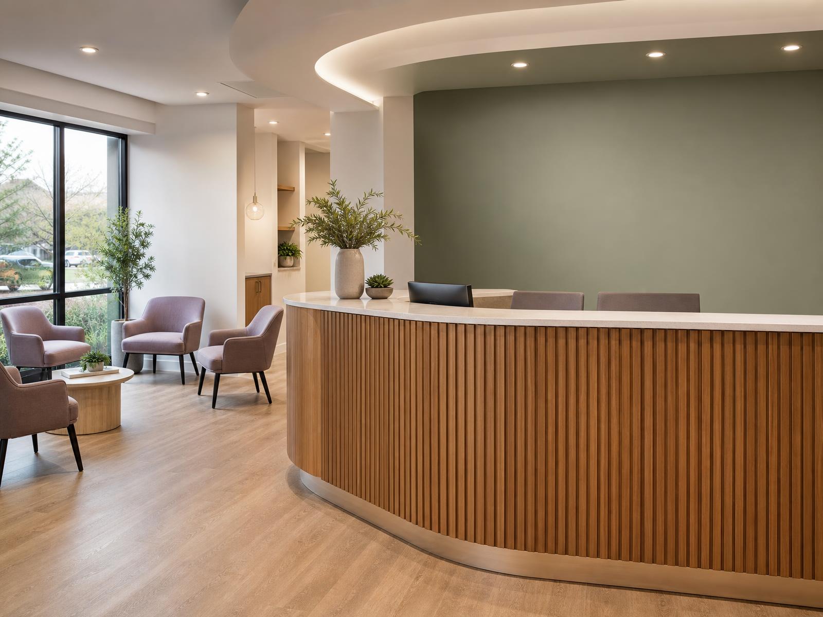 Reception and waiting area with warm wood desk and soft green walls